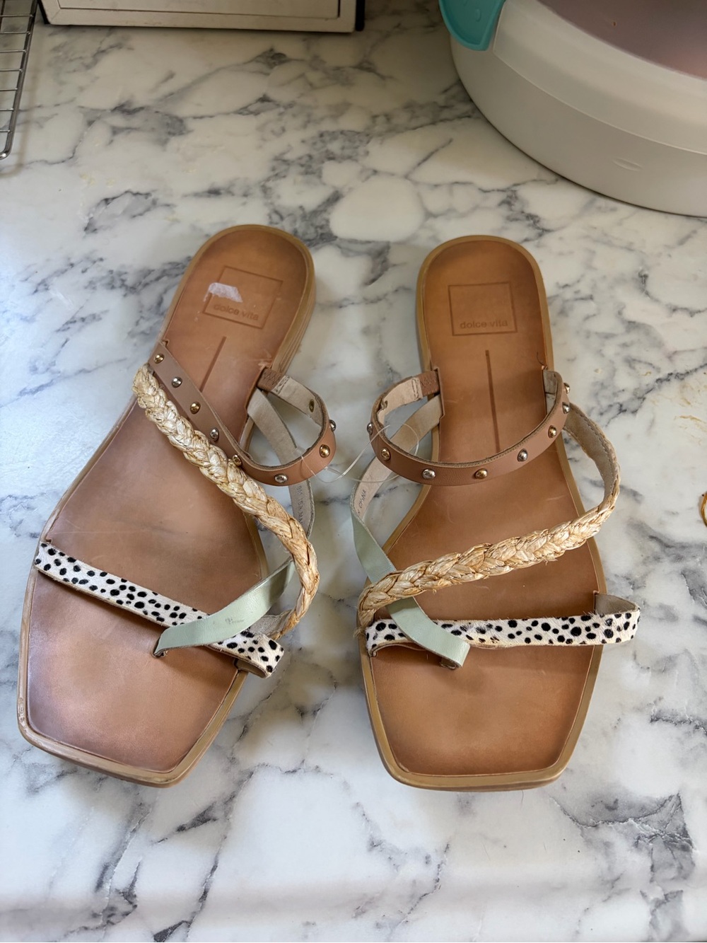 Dolce Vita Braided Multi-Strip Slide Sandals in Tan, Cream & Mint
